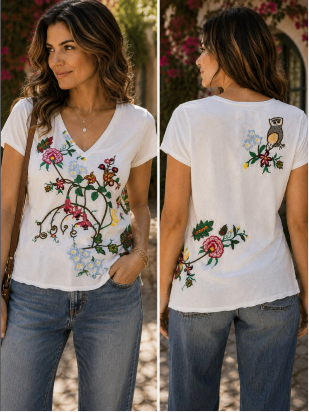 JW Los Angeles Women’s S Ivory Embroidered Owl Floral Boho Cotton Tee